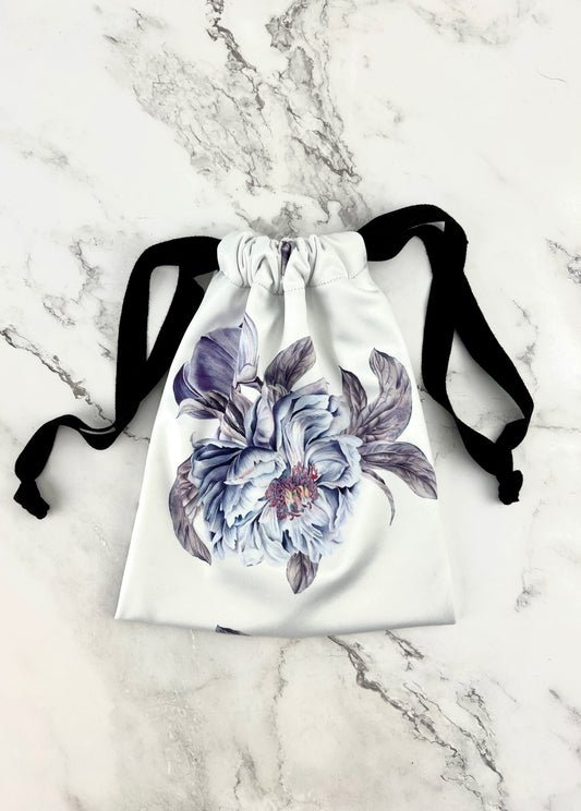 Purple Large Floral on White Scuba Knit Drawstring Bag