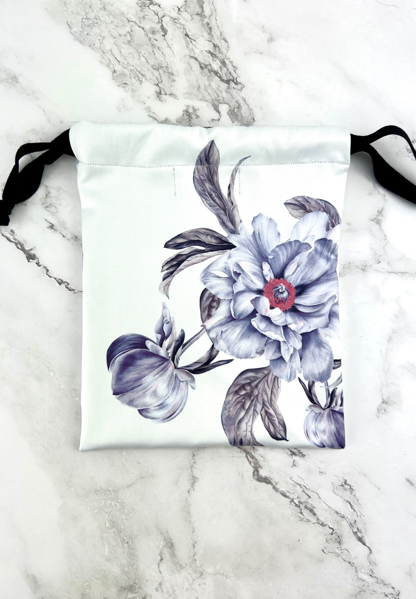 Purple Large Floral on White Scuba Knit Drawstring Bag