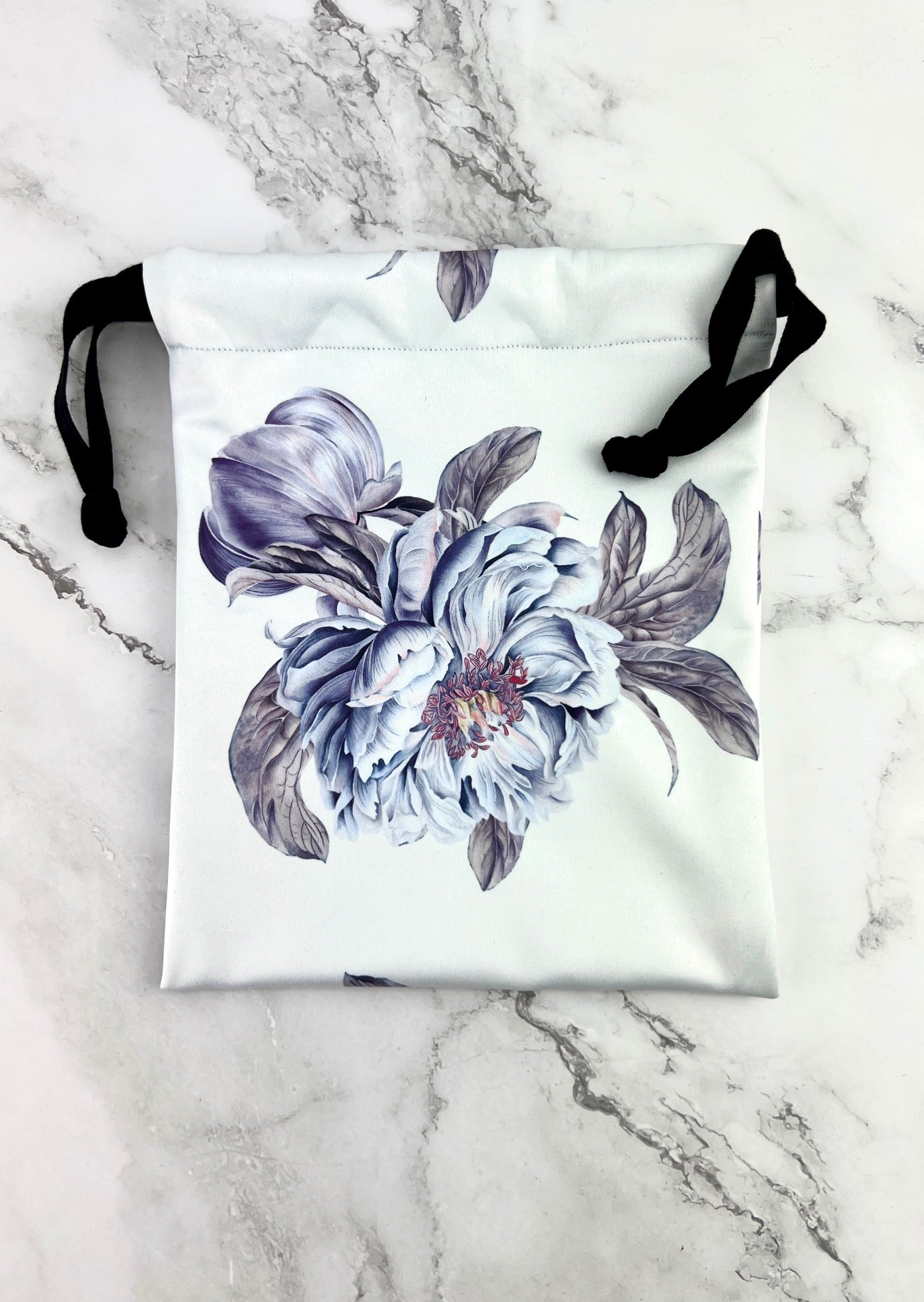 Purple Large Floral on White Scuba Knit Drawstring Bag