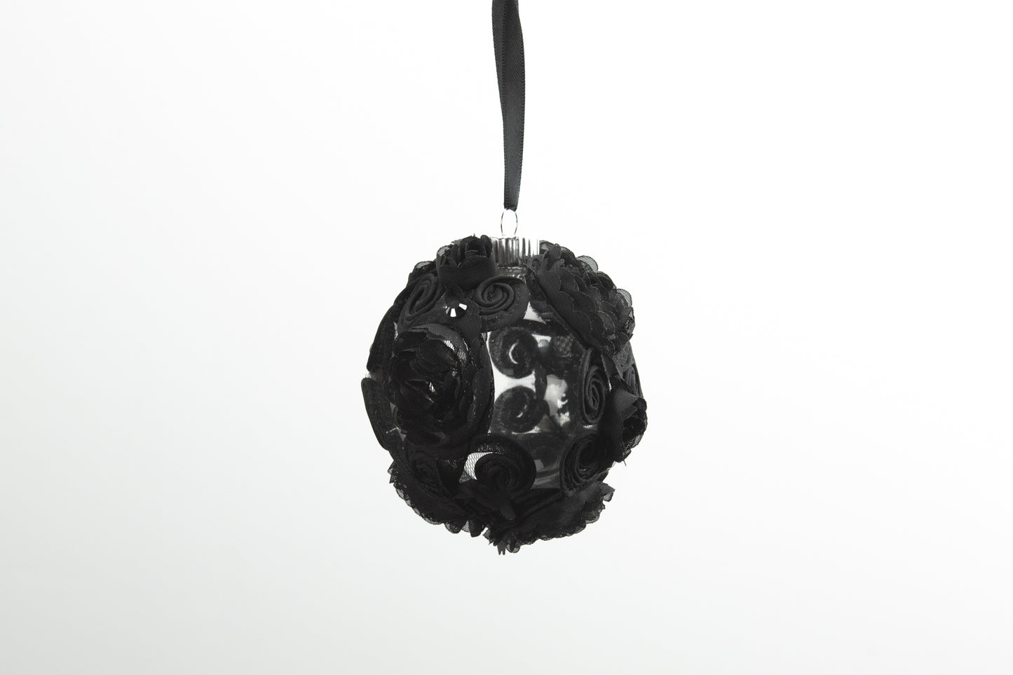 Black Fancy Floral Trim Glass Ball Ornament