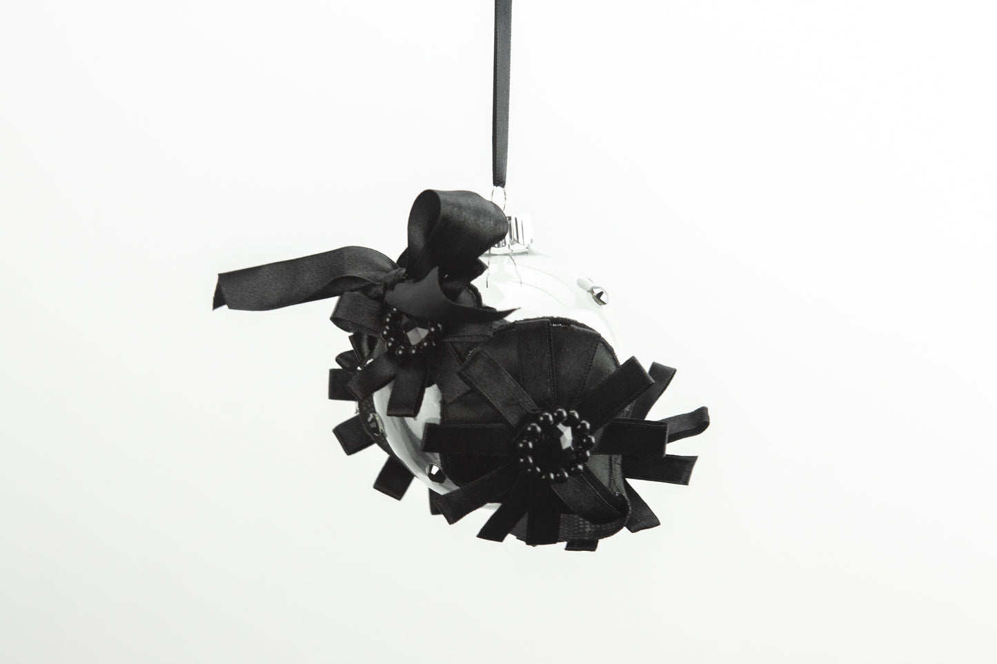 Black Fancy Satin Trim Glass Ball Ornament