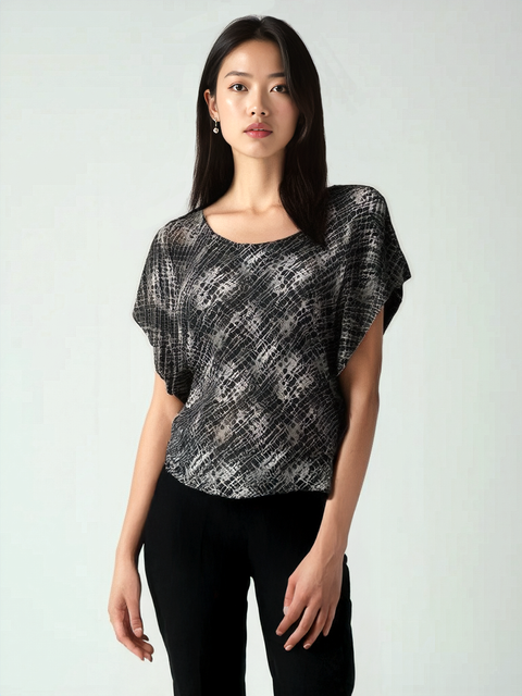 Black and Warm Gray Abstract Cross Hatch Print Dolman Top