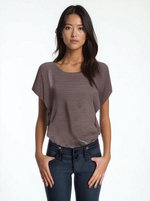 Mauve and Black Narrow Stripe Burnout Knit Dolman Top