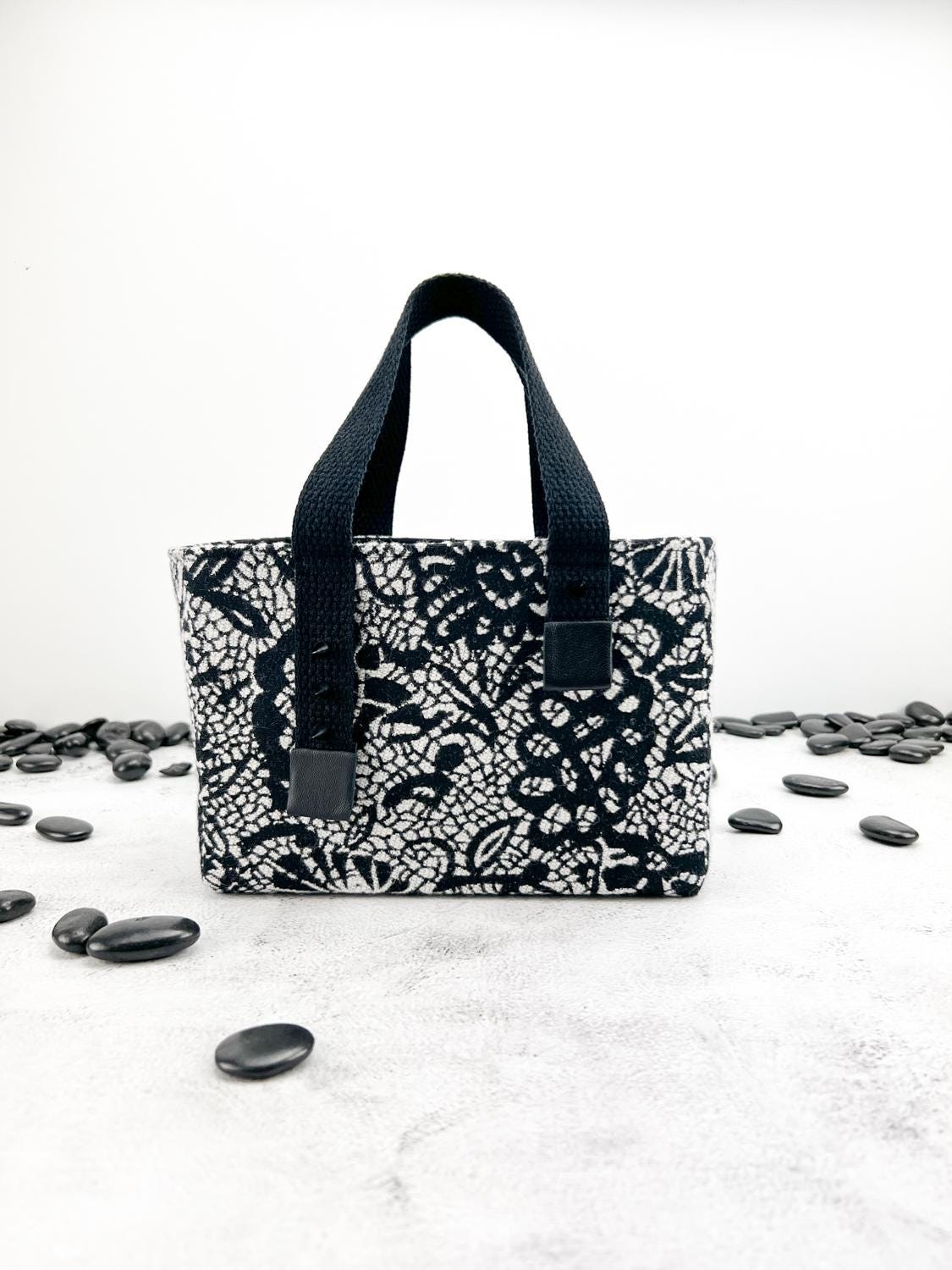 Black and Cream Floral Wool Mini Tote Bag BAGG00082
