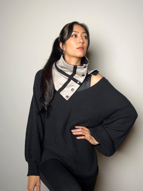 Beige Faux Crackled Leather Snap Scarflette Cowl