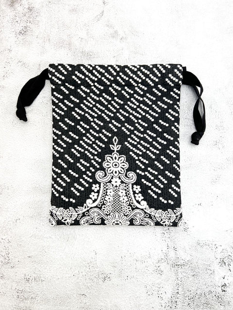 Black and Cream Floral Jacquard Knit Drawstring Bag