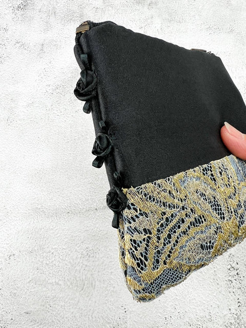Black with Metallic Gold Lace Panel Zipper Pouch