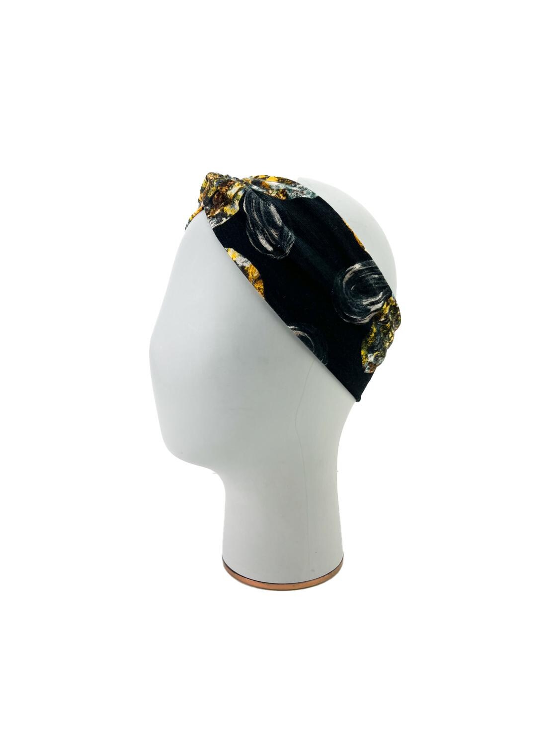 Yellow and Black Floral Jewel Stone Sweater Knit Headband