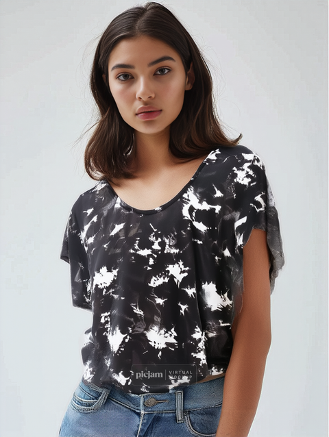 Black and Cream Tie Dye Print Dolman Top