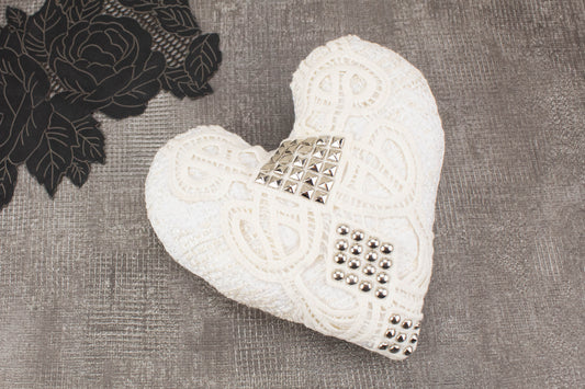 Off-White and Silver Studded Heart Pillow - Sumie Tachibana