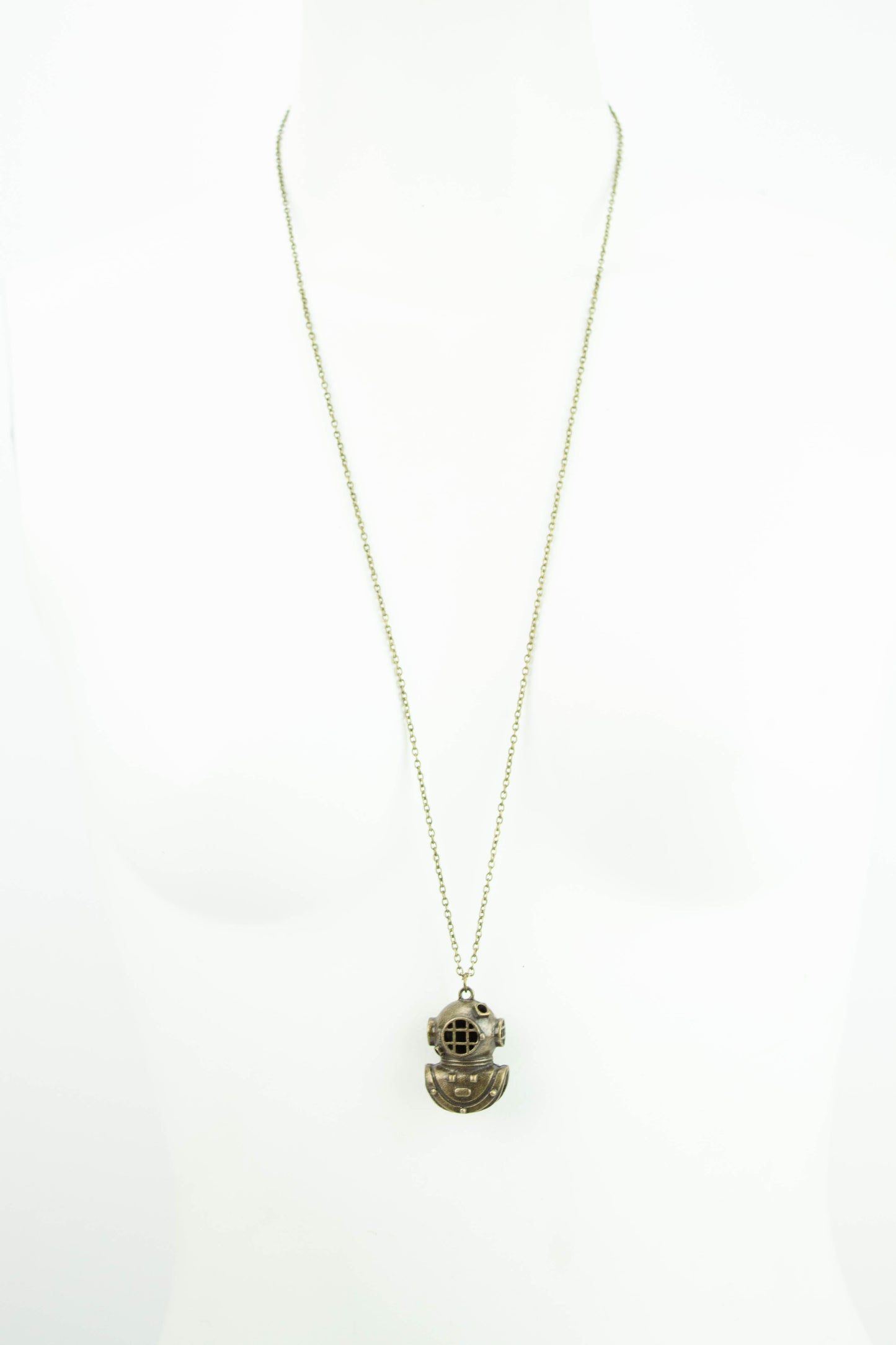 Antique Brass Vintage Scuba Helmet Long Necklace