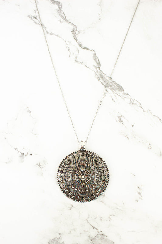 Antique Silver Circular Medallion Pendant Long Necklace