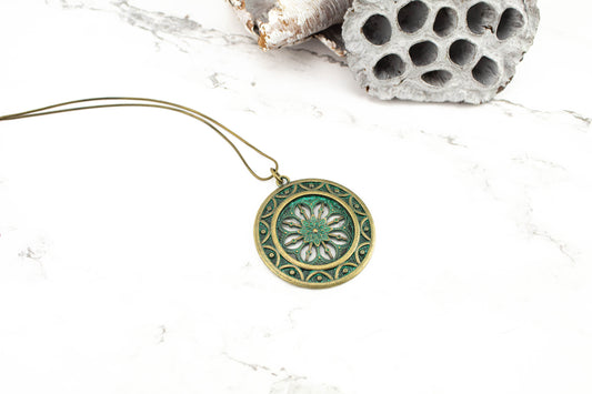 Circular Medallion Patina Pendant Long Necklace