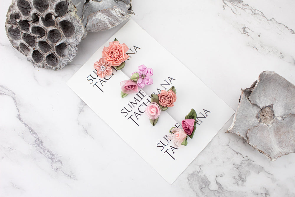 Mini Floral Hair Clip Set of 4  Peach and Pink