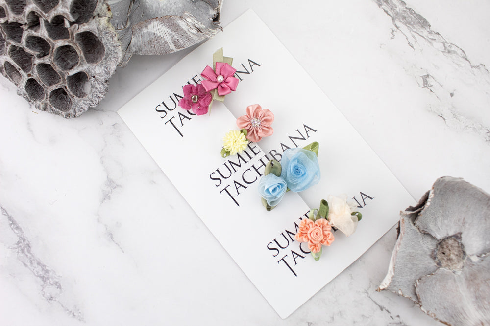 Mini Floral Hair Clip Set of 4 Blush Yellow Blue and Orange