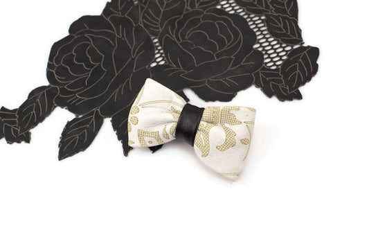 Cream and Black Leather Mini Bow Tie Clip Hair Bow Clip - Sumie Tachibana