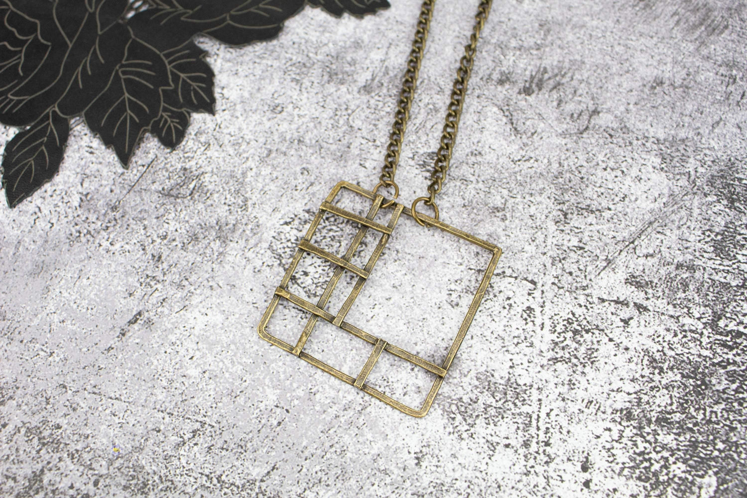 Antique Brass Welded Grid Square Long Necklace - Sumie Tachibana