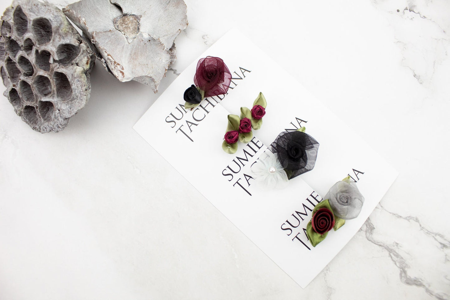 Mini Floral Hair Clip Set of 4 maroon black white silver