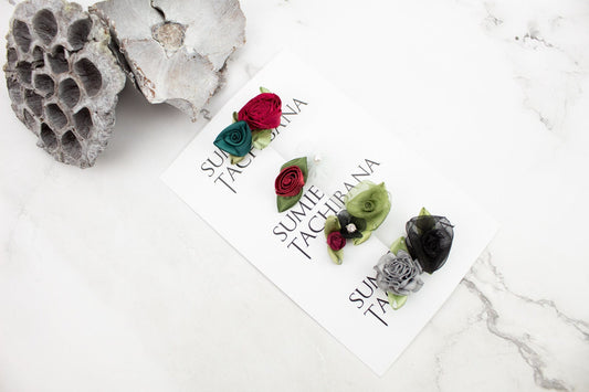 Mini Floral Hair Clip Set of 4 red green black