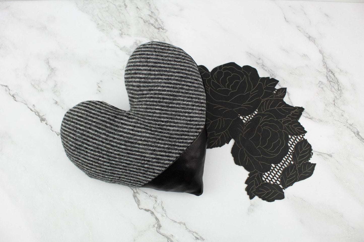 Gray and Black Wool Twill with Lambskin Heart Pillow