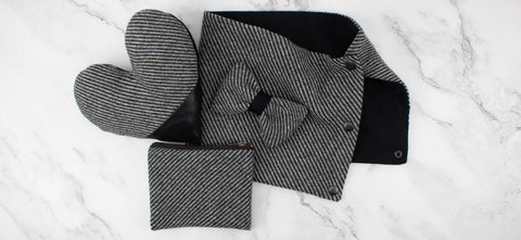 Gray and Black Wool Twill with Lambskin Heart Pillow
