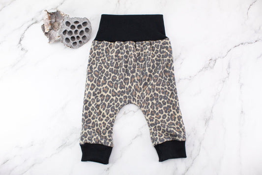 Brown Leopard Print Rib Knit Harem Pants with Wide Black Band 3-6 months or 12-18 months