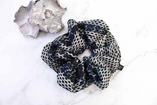 Dark Teal and Black Embroidered Tie Dyed Extra Large Hair Scrunchie
