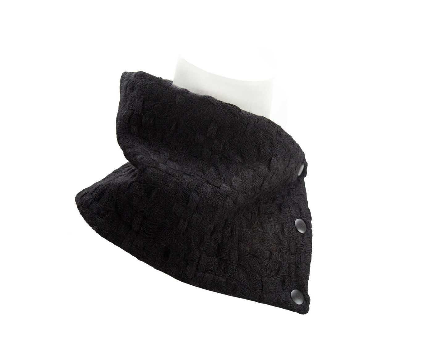 Black Wool Basket Weave Narrow Snap Scarflette Cowl
