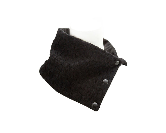 Black Wool Basket Weave Narrow Snap Scarflette Cowl