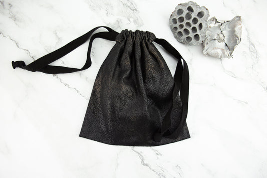 Black and Distressed Gold Faux Leather Drawstring Bag BAG00058
