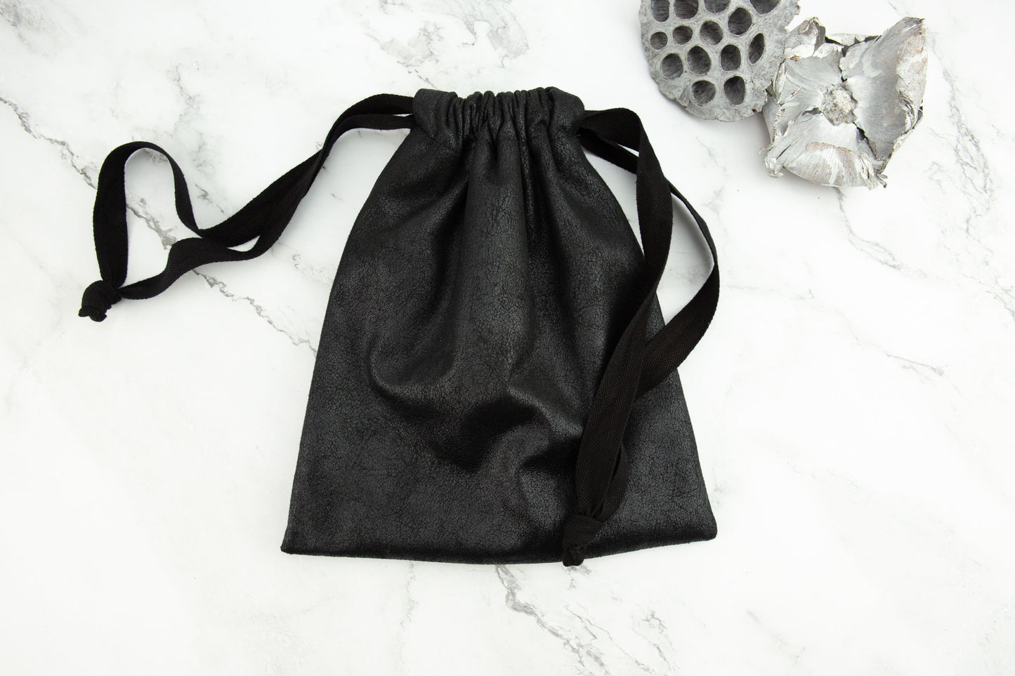 Black Faux Leather Drawstring Bag