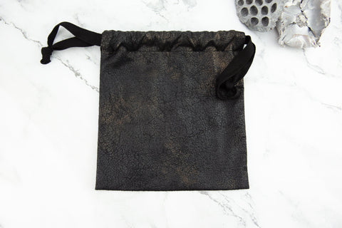 Black and Distressed Gold Faux Leather Drawstring Bag