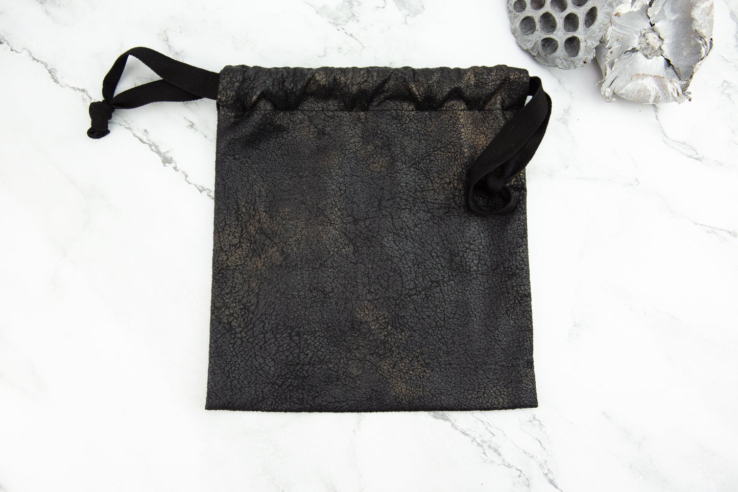 Black and Distressed Gold Faux Leather Drawstring Bag BAG00058