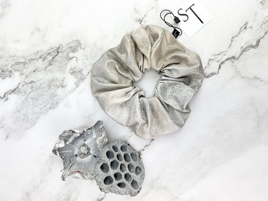 Distressed Silver Cream Faux Leather Extra Large Hair Scrunchie