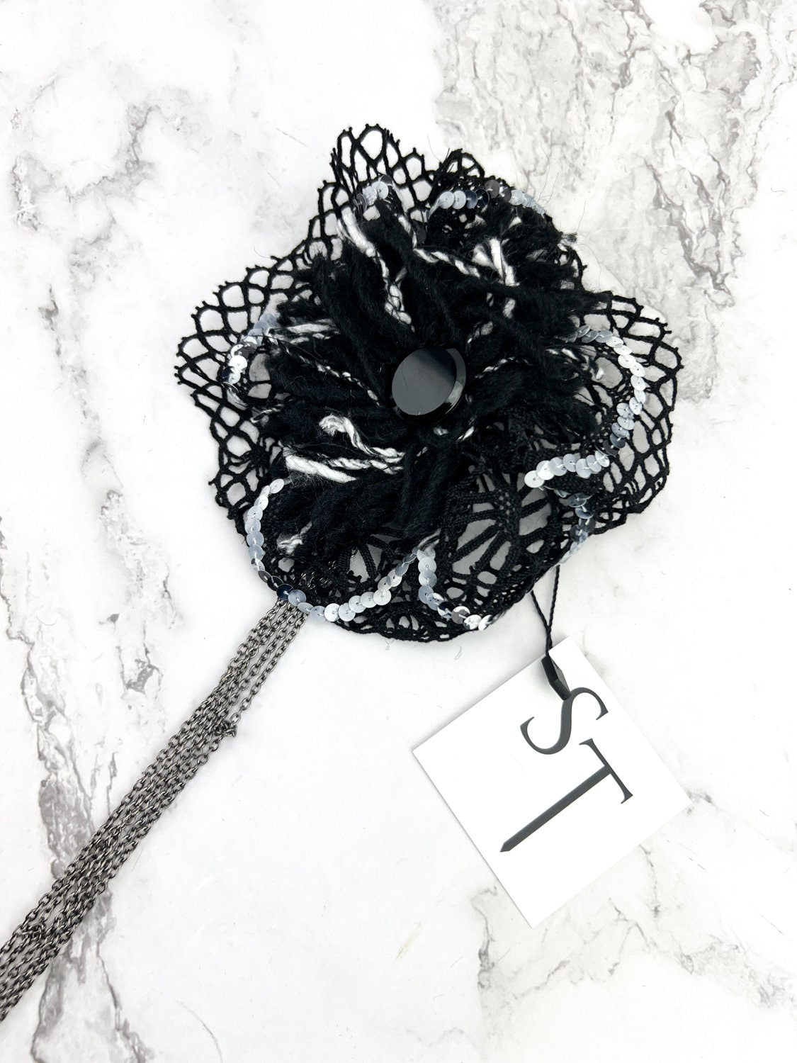 Black and White Large Circular Brooch with Chains