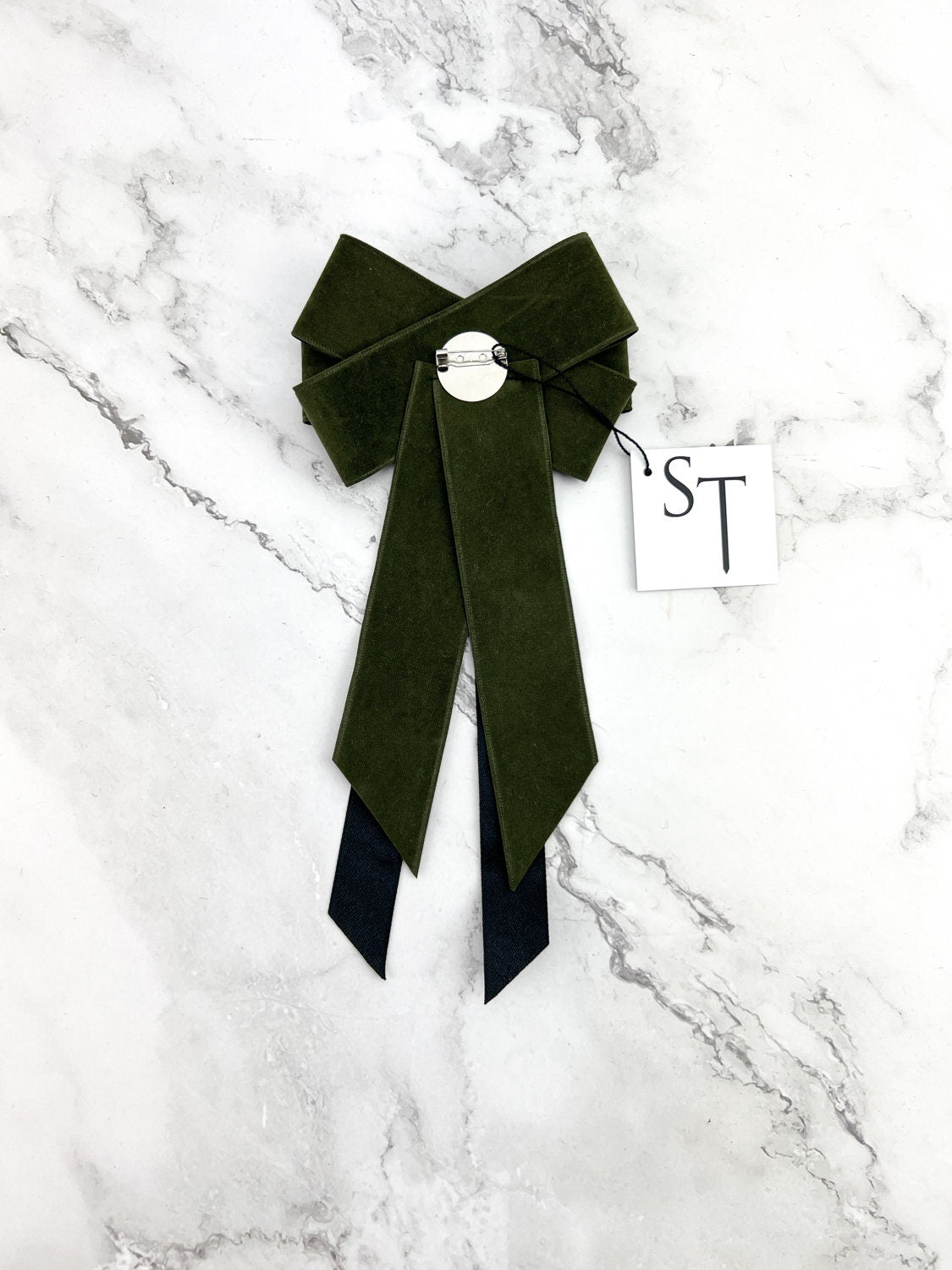 Olive Green and Black Ribbon Brooch with Silver Piece JWY00037