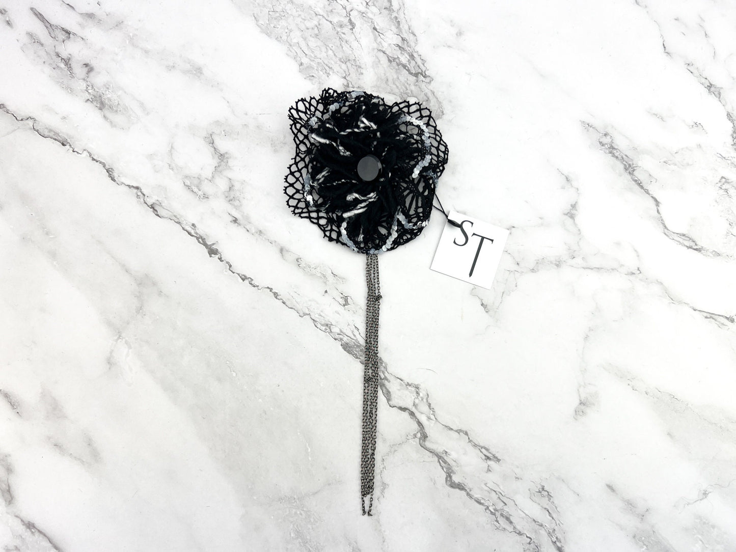 Black and White Large Circular Brooch with Chains