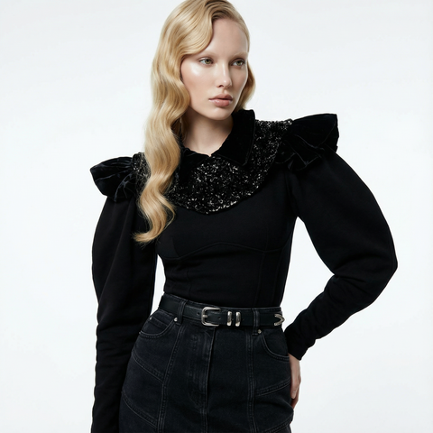 Black and Silver Quilted Velvet Neck Collar