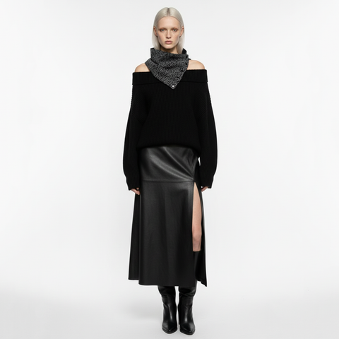 Black and Gray Cross Hatch Woven Snap Cowl