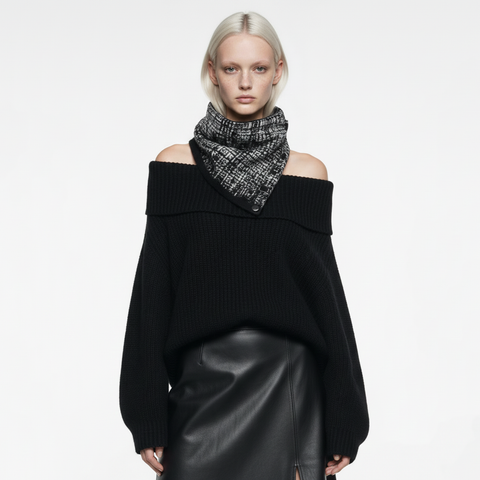 Black and Cream Graphic Woven Cowl Snap