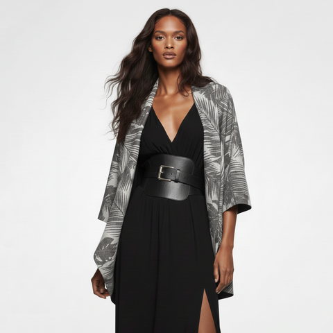 Gray Palm Leaves Oversized Cocoon Open Sweater Jacket