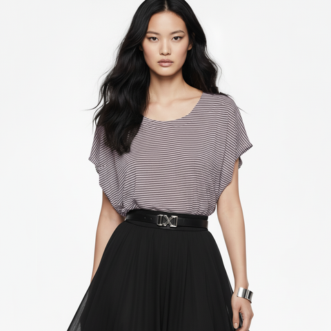 Mauve and Black Narrow Stripe Burnout Knit Dolman Top