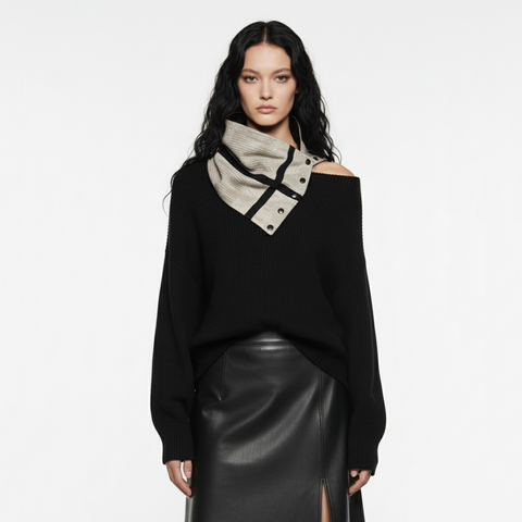 Beige Faux Crackled Leather Snap Cowl