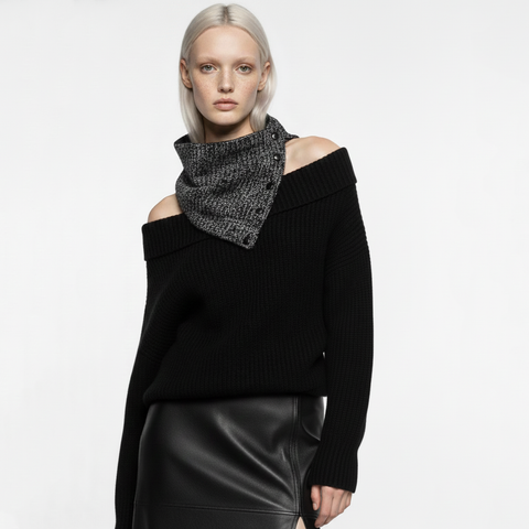 Black and Gray Cross Hatch Woven Snap Cowl