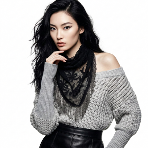 Black Lace Fringed Triangular Shawl