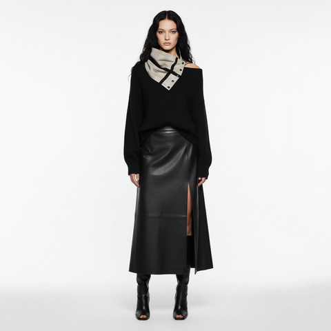 Beige Faux Crackled Leather Snap Cowl