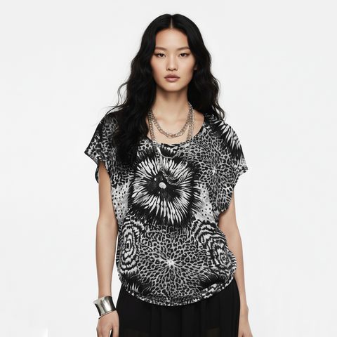 Black and Off White Sequined Dolman Top