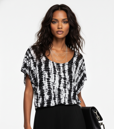Black and White Tire Like Tie Dye  Dolman Top