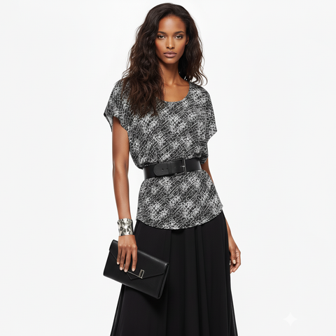 Black and Warm Gray Abstract Cross Hatch Print Dolman Top