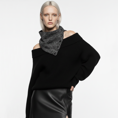 Black and Gray Cross Hatch Woven Snap Cowl